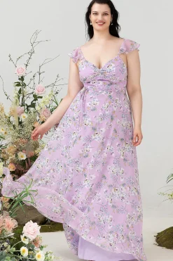 Roxo Floral Estampado Vestido de Dama de Honor