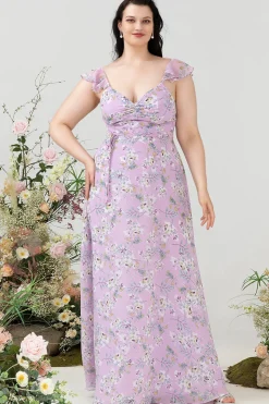 Roxo Floral Estampado Vestido de Dama de Honor