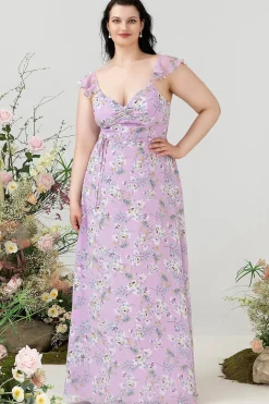 Roxo Floral Estampado Vestido de Dama de Honor