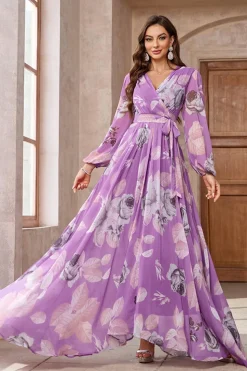 Roxo Floral Impresso Chiffon A-Line V-neck mangas longas vestido de baile longo