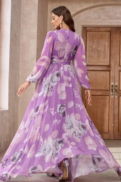 Roxo Floral Impresso Chiffon A-Line V-neck mangas longas vestido de baile longo