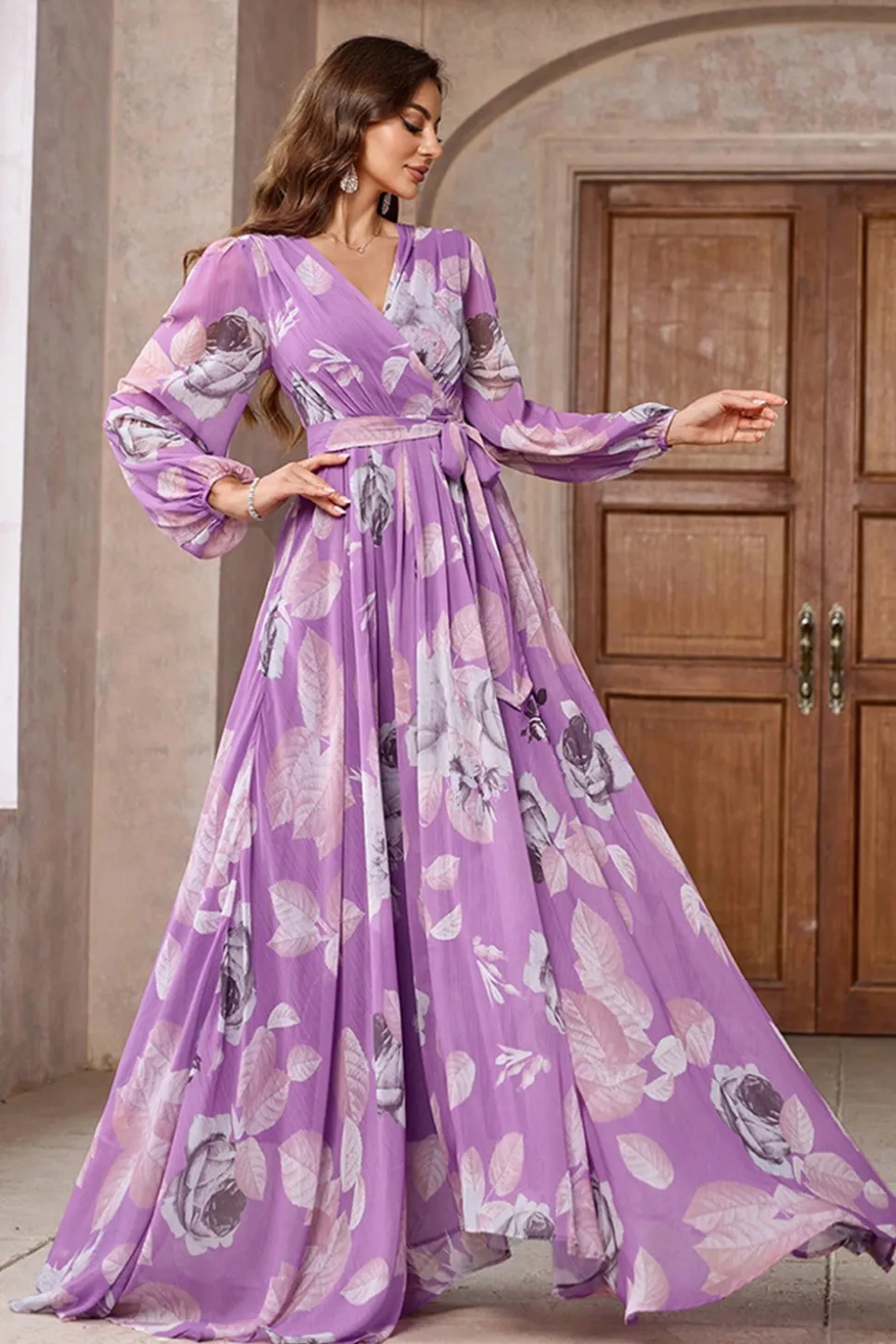 Roxo Floral Impresso Chiffon A-Line V-neck mangas longas vestido de baile longo