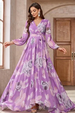 Roxo Floral Impresso Chiffon A-Line V-neck mangas longas vestido de baile longo
