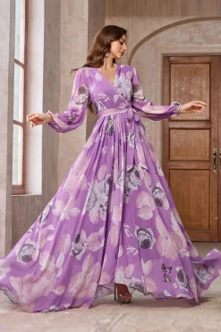 Roxo Floral Impresso Chiffon A-Line V-neck mangas longas vestido de baile longo