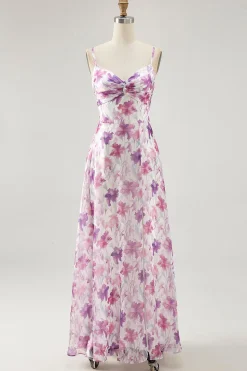 Roxo Floral Uma Linha Esparguete Correias Estampado Vestido de Noiva Convidado