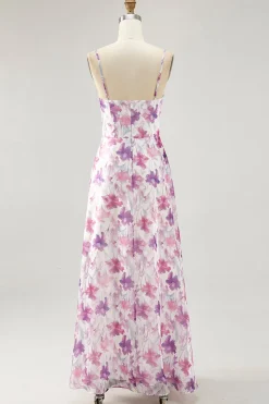 Roxo Floral Uma Linha Esparguete Correias Estampado Vestido de Noiva Convidado