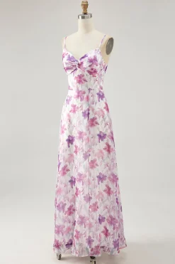 Roxo Floral Uma Linha Esparguete Correias Estampado Vestido de Noiva Convidado