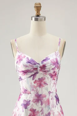Roxo Floral Uma Linha Esparguete Correias Estampado Vestido de Noiva Convidado