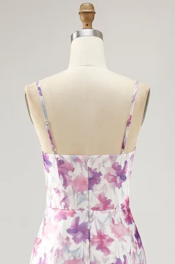 Roxo Floral Uma Linha Esparguete Correias Estampado Vestido de Noiva Convidado