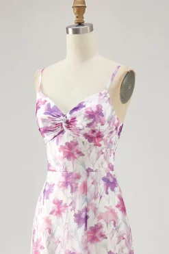 Roxo Floral Uma Linha Esparguete Correias Estampado Vestido de Noiva Convidado