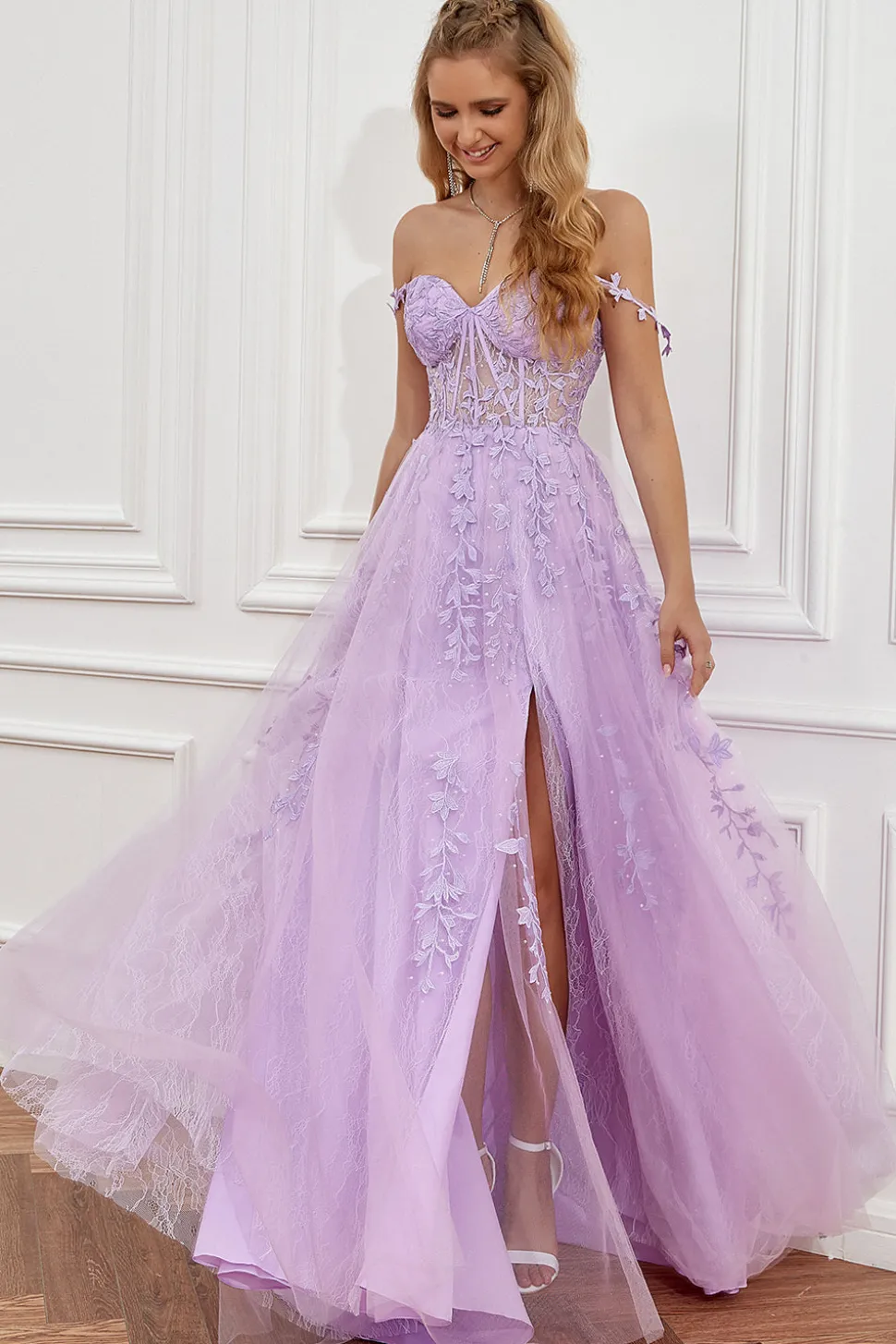 Roxo fora do ombro longo vestido de baile com apliques