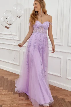 Roxo fora do ombro longo vestido de baile com apliques