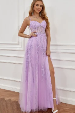 Roxo fora do ombro longo vestido de baile com apliques