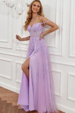 Roxo fora do ombro longo vestido de baile com apliques