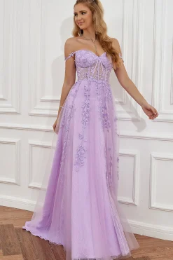 Roxo fora do ombro longo vestido de baile com apliques