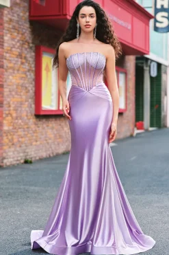 Roxo frisado sereia espartilho sem alças longo vestido de baile