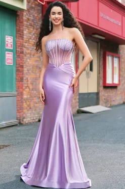 Roxo frisado sereia espartilho sem alças longo vestido de baile