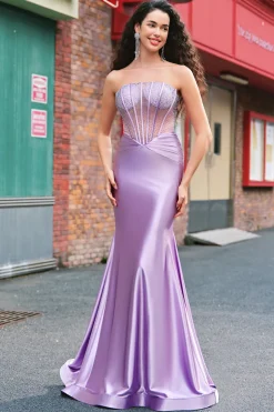 Roxo frisado sereia espartilho sem alças longo vestido de baile