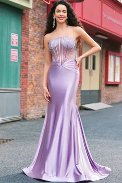 Roxo frisado sereia espartilho sem alças longo vestido de baile