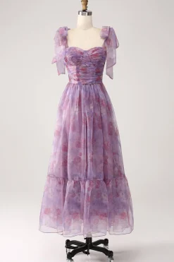 roxo impresso uma linha plissado longo vestido de baile