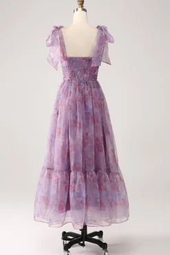 roxo impresso uma linha plissado longo vestido de baile
