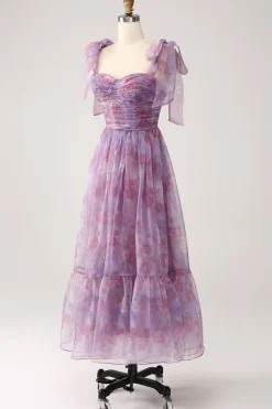 roxo impresso uma linha plissado longo vestido de baile