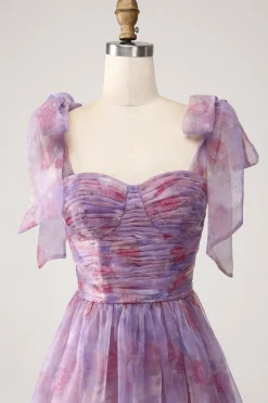 roxo impresso uma linha plissado longo vestido de baile