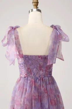 roxo impresso uma linha plissado longo vestido de baile