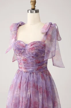 roxo impresso uma linha plissado longo vestido de baile