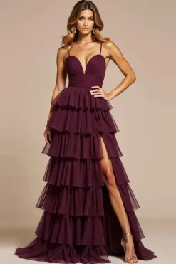 Roxo Linha-A Alças Finas Tule Longo Vestido de Baile com Fenda