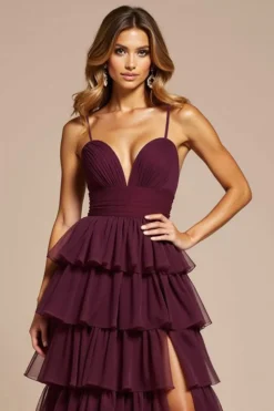 Roxo Linha-A Alças Finas Tule Longo Vestido de Baile com Fenda