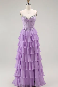 Roxo Linha-A Espartilho Babados Longos Vestido De Baile com Renda