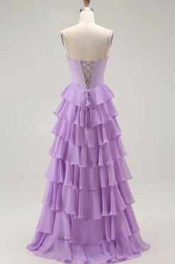 Roxo Linha-A Espartilho Babados Longos Vestido De Baile com Renda