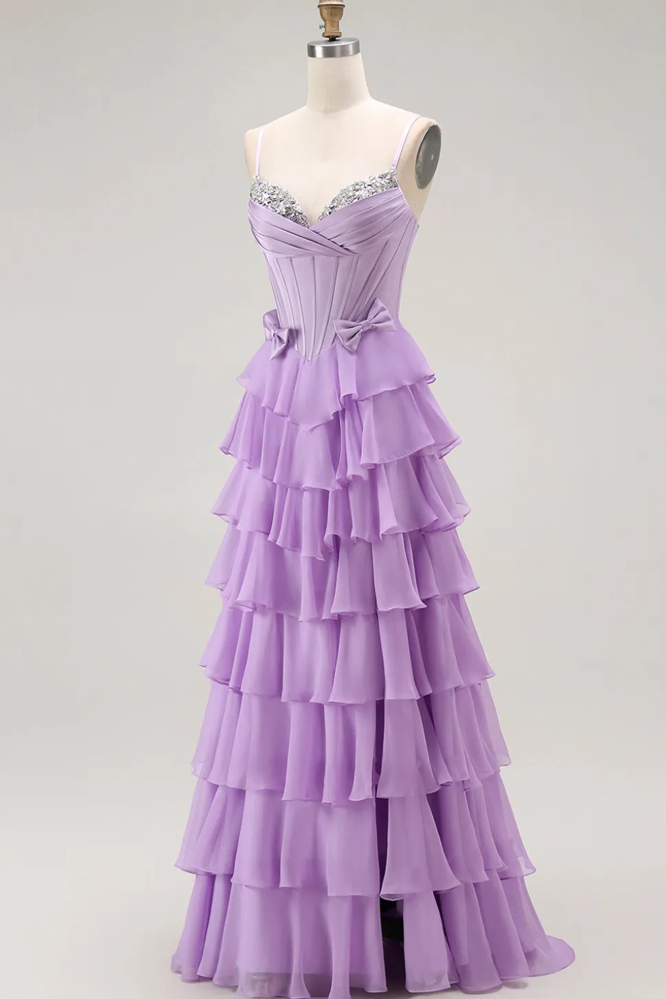 Roxo Linha-A Espartilho Babados Longos Vestido De Baile com Renda