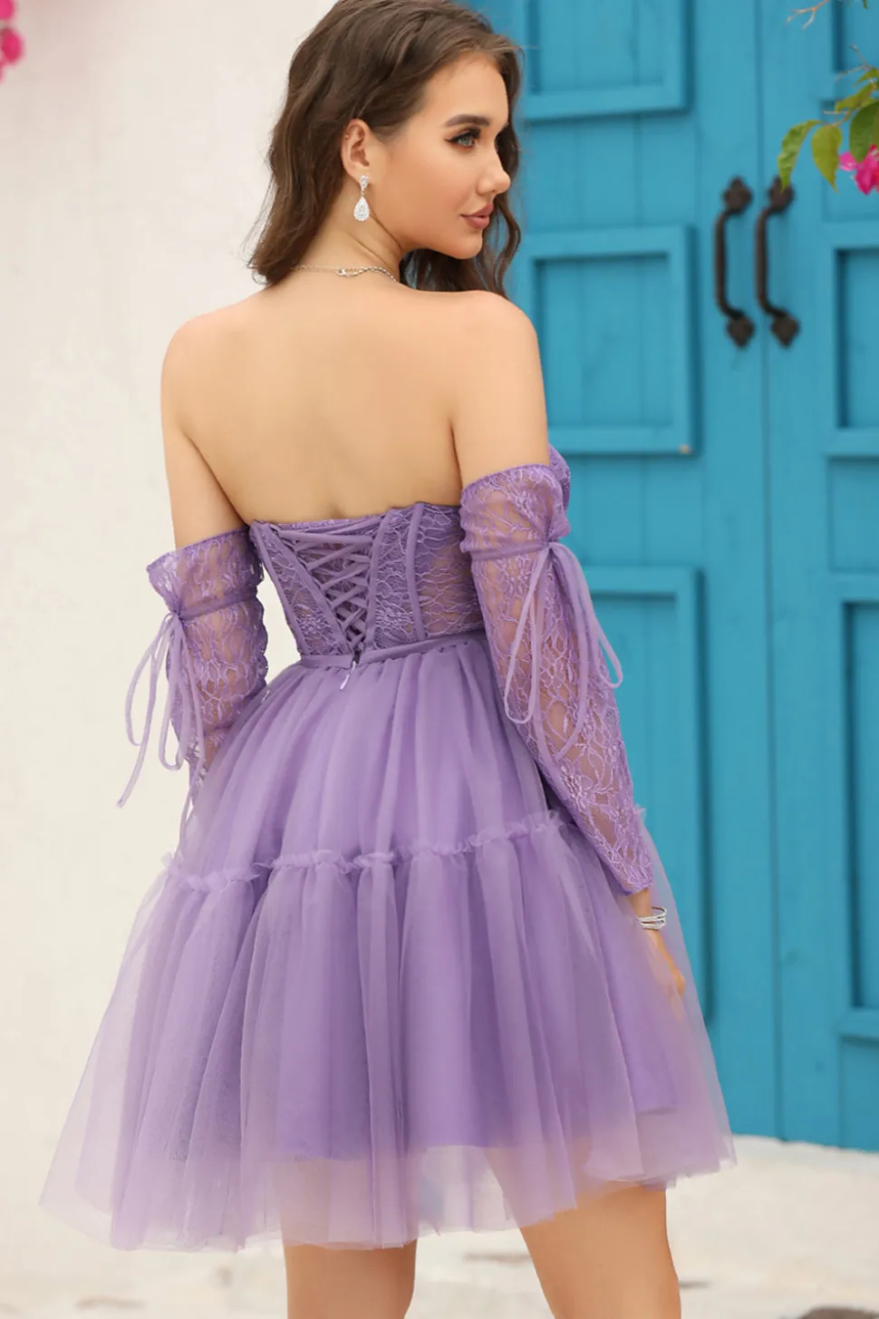 Roxo Mangas Compridas A-Line Vestido de Cocktail