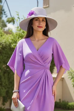 Roxo Ruched V Neck Midi Vestido de Noiva com mangas Flutter