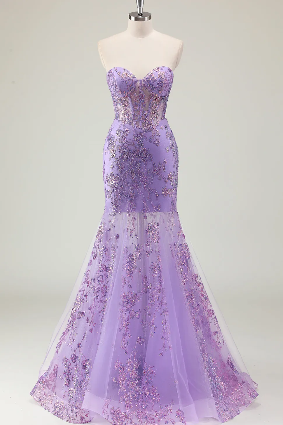 Roxo Sereia Corset Strapless Long Prom Dress com Appliques