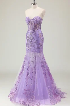 Roxo Sereia Corset Strapless Long Prom Dress com Appliques