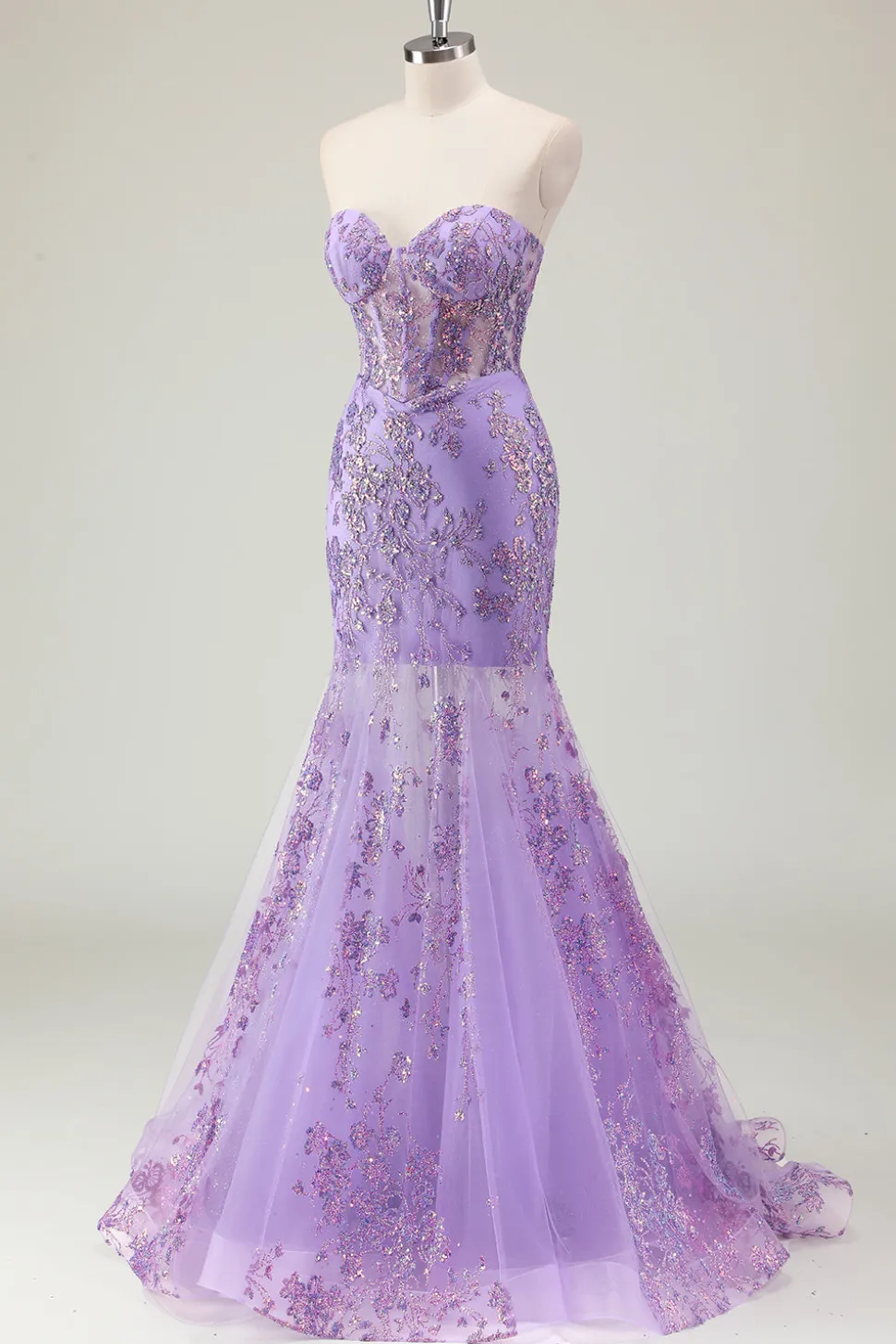Roxo Sereia Corset Strapless Long Prom Dress com Appliques
