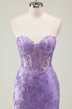 Roxo Sereia Corset Strapless Long Prom Dress com Appliques