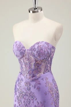 Roxo Sereia Corset Strapless Long Prom Dress com Appliques