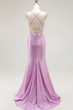 Roxo Sereia Espaguete Alças Finas Longos Vestido De Baile Com Fenda