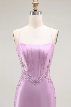 Roxo Sereia Espaguete Alças Finas Longos Vestido De Baile Com Fenda