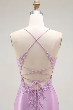 Roxo Sereia Espaguete Alças Finas Longos Vestido De Baile Com Fenda