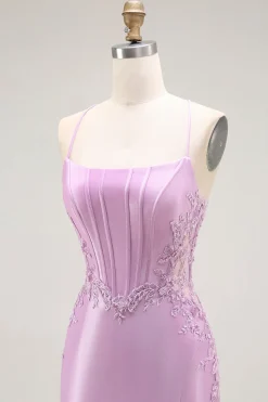 Roxo Sereia Espaguete Alças Finas Longos Vestido De Baile Com Fenda