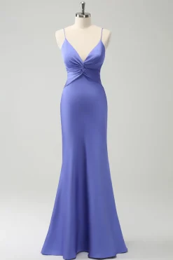 Roxo Sereia Esparguete Correias Hollow out Twist Frente Vestido Madrinha