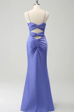 Roxo Sereia Esparguete Correias Hollow out Twist Frente Vestido Madrinha