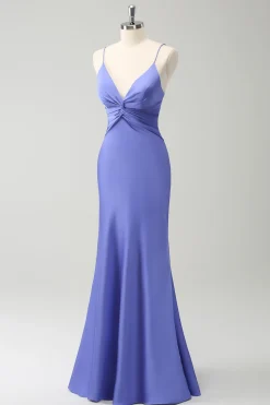 Roxo Sereia Esparguete Correias Hollow out Twist Frente Vestido Madrinha