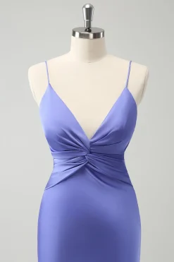 Roxo Sereia Esparguete Correias Hollow out Twist Frente Vestido Madrinha