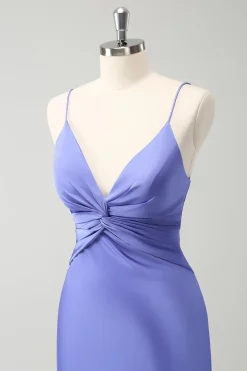 Roxo Sereia Esparguete Correias Hollow out Twist Frente Vestido Madrinha